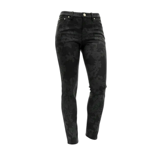 Pantaloni damascato da donna, elasticizzati, Nero Giardini, Nero, Bottone Gioiello