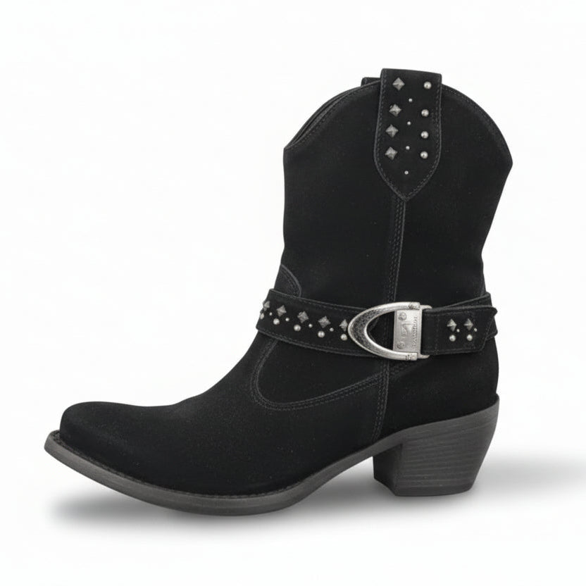 Stivaletti Texani Donna NeroGiardini in Camoscio Nero con borchie, Tacco 5 cm, Cerniera Laterale - Art. A005350D
