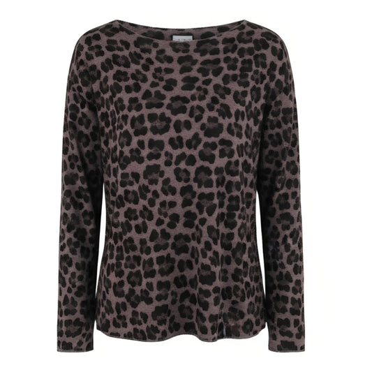 Maglia Donna Leopardata FLORA, Maniche Lunghe, Motivo Animalier, Dark Brown - TAGLIA UNICA