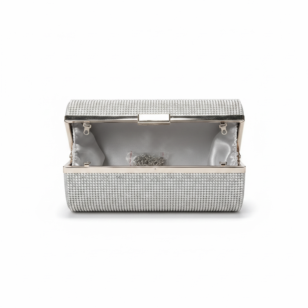 Pochette Cilindrica Donna Mili Argento con Strass e Catena da Sera e Cerimonia