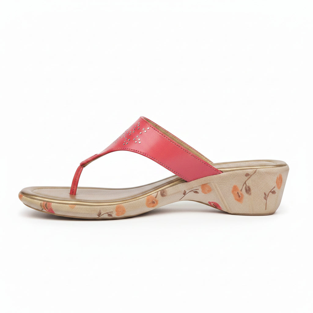 Ciabatte Infradito Rosa in Vera Pelle con strass, zeppa floreale, Donna