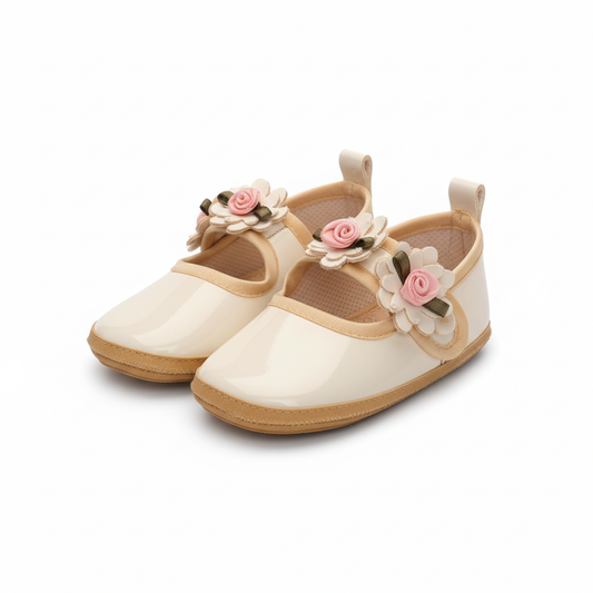 Ballerine Bambina Tessuto Vernice Bianco Panna, Beige, Fiori, 19