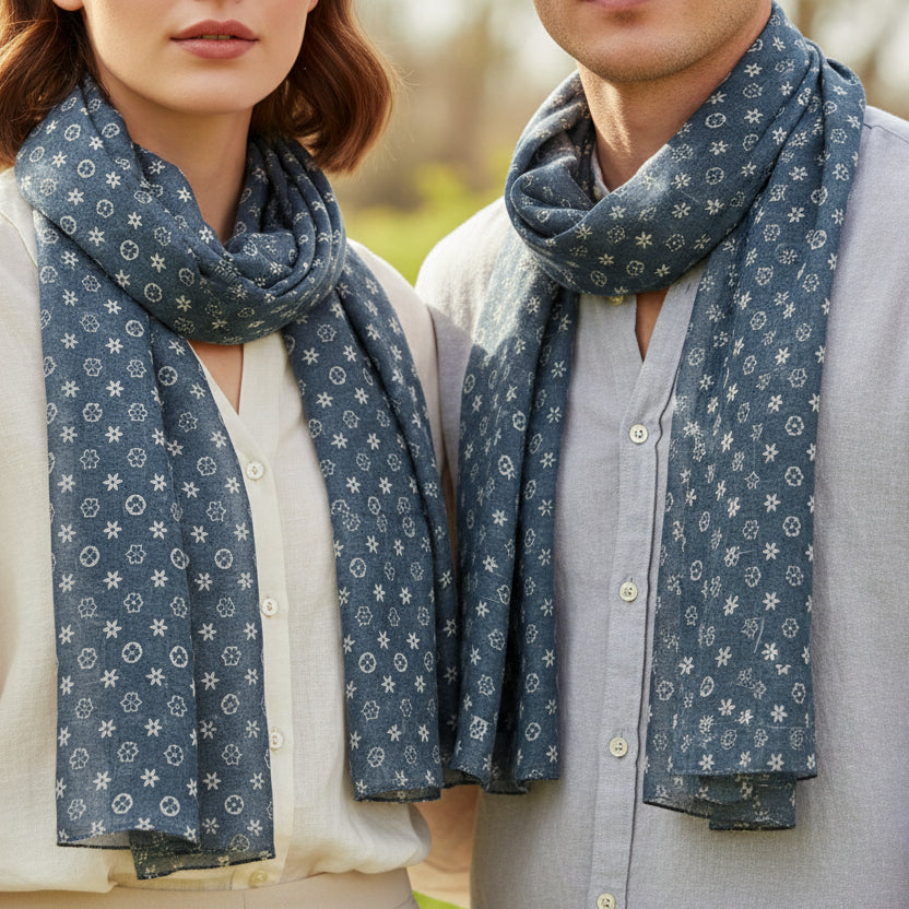 Foulard Sciarpa Leggera Blu Ottanio con stampe bianche