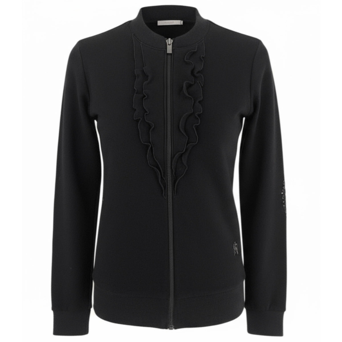 Felpa Donna NeroGiardini A663010D con zip, rouches, toppe di paillettes, Nero, 44 EU