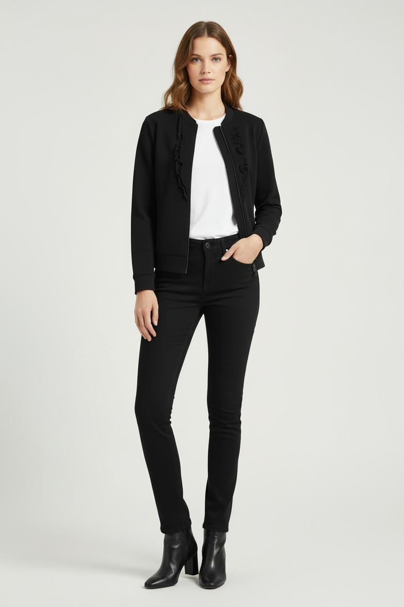 Felpa Donna NeroGiardini A663010D con zip, rouches, toppe di paillettes, Nero, 44 EU