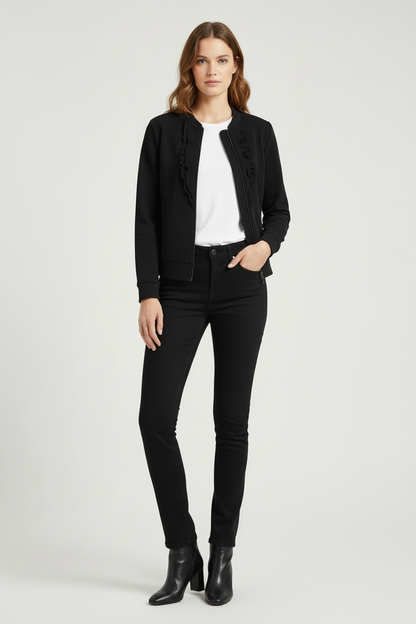 Felpa Donna NeroGiardini A663010D con zip, rouches, toppe di paillettes, Nero, 44 EU