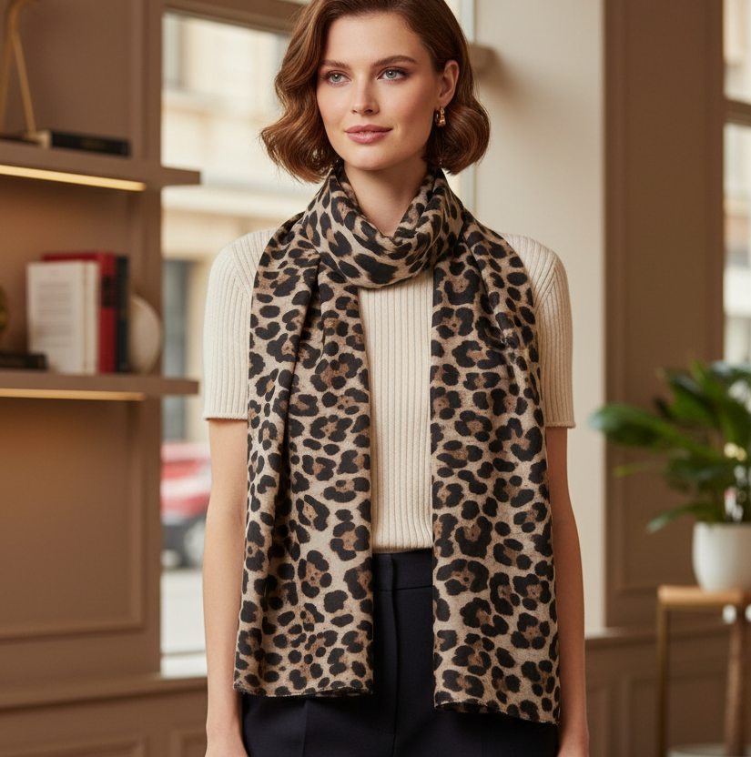 Sciarpa Animalier Leopardata Donna Base Sabbia