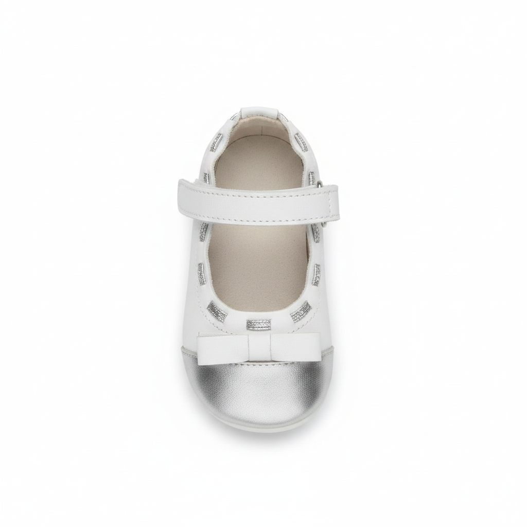 Ballerine Bambina Chicco Pelle Bianco Argento Fiocco Strappo, 18