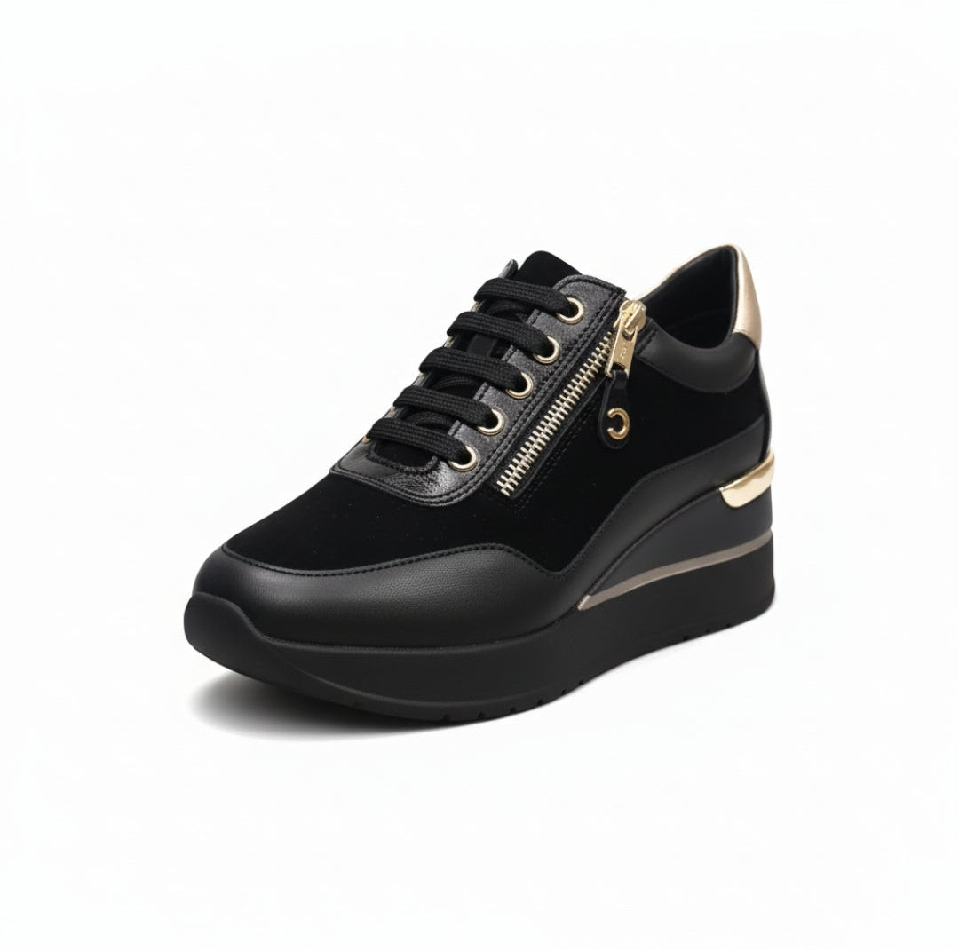 Sneakers Donna Cinzia Soft IV2522440 Nero, Lacci e Zip, Vera Pelle, Pelle Scamosciata Nabuk, dettagli oro