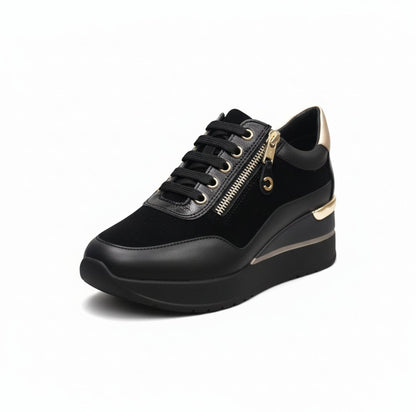 Sneakers Donna Cinzia Soft IV2522440 Nero, Lacci e Zip, Vera Pelle, Pelle Scamosciata Nabuk, dettagli oro