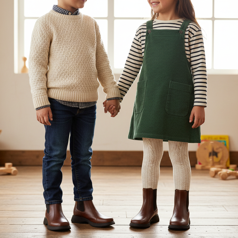 Stivaletti per Bambini KUBO, Vera Pelle di Vitello Marrone con elastico e zip