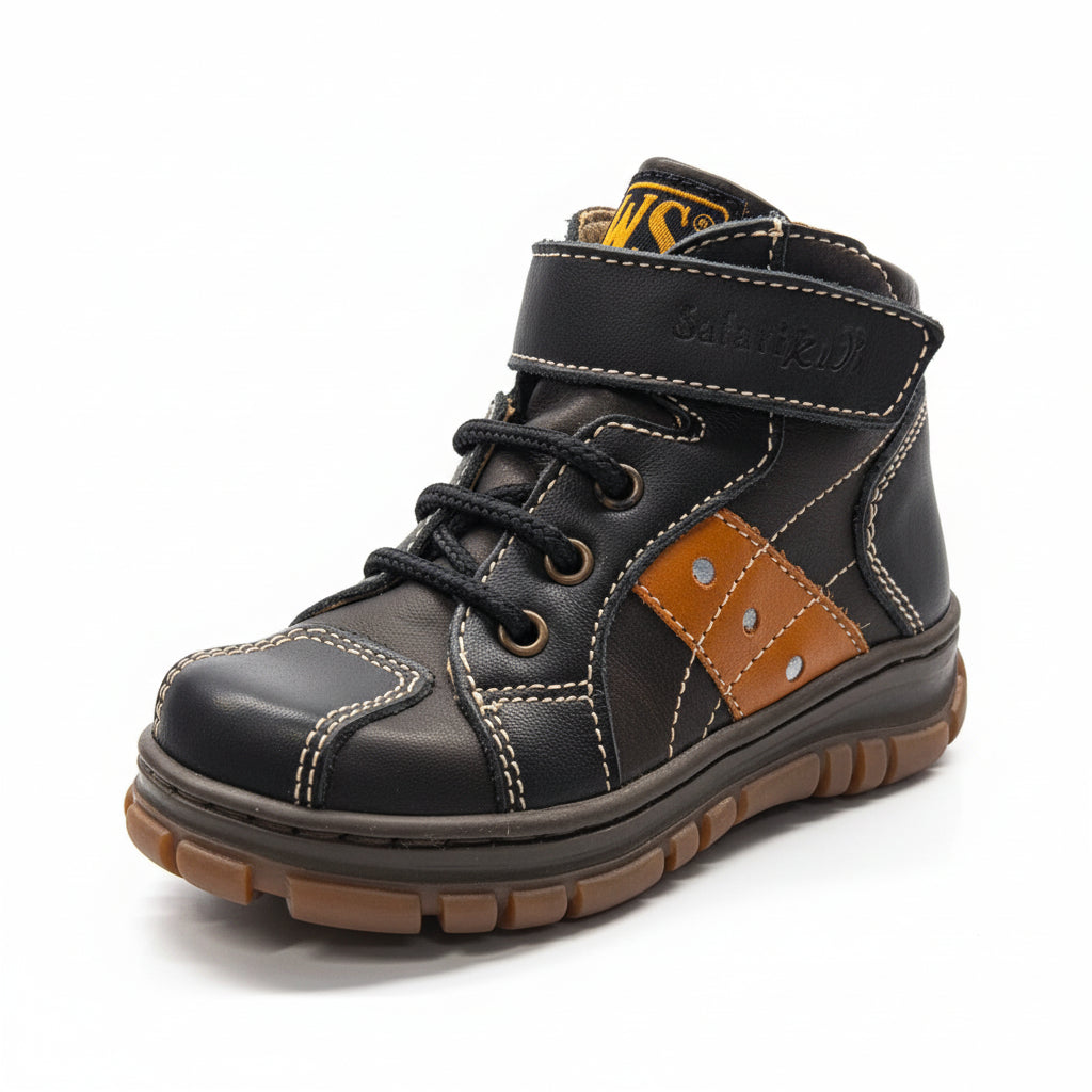Scarpe Bambini, Safari Kid's, Vera Pelle, Nero e Marrone Scuro, Z1162, Numero 22 EU