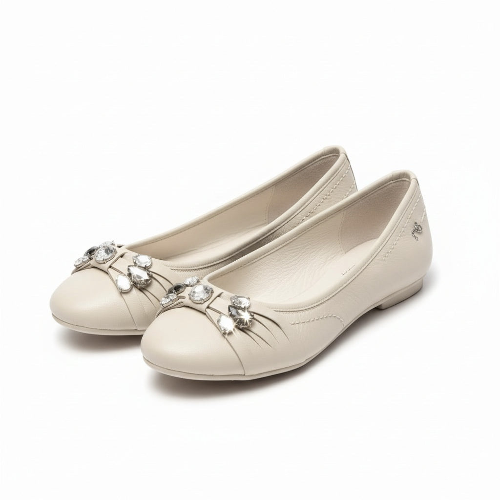 Ballerine NeroGiardini P207072D Vera Pelle, Bianco Beige Ghana Safari con Cristalli Argento
