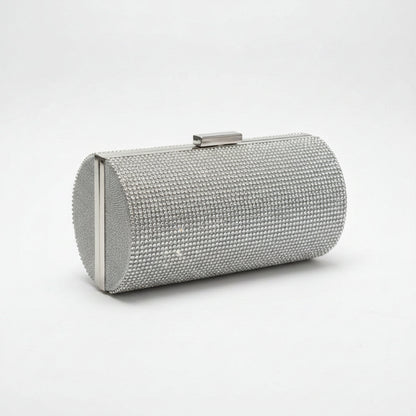Pochette Cilindrica Donna Mili Argento con Strass e Catena da Sera e Cerimonia