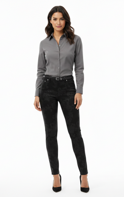 Pantaloni damascato da donna, elasticizzati, Nero Giardini, Nero, Bottone Gioiello