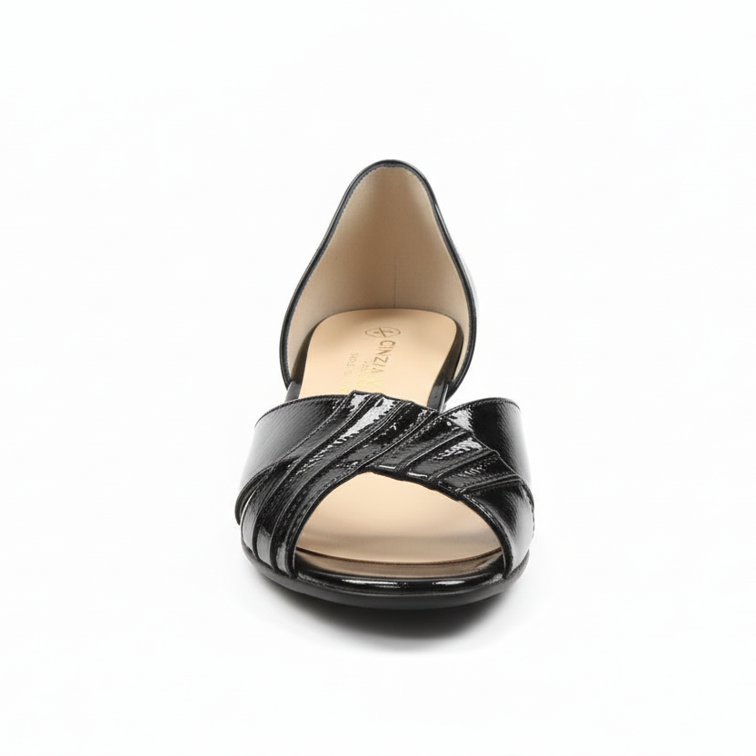 Décolleté Open Toe Cinzia Valle – Vera Pelle Vernice Nera, Tacco 3 cm