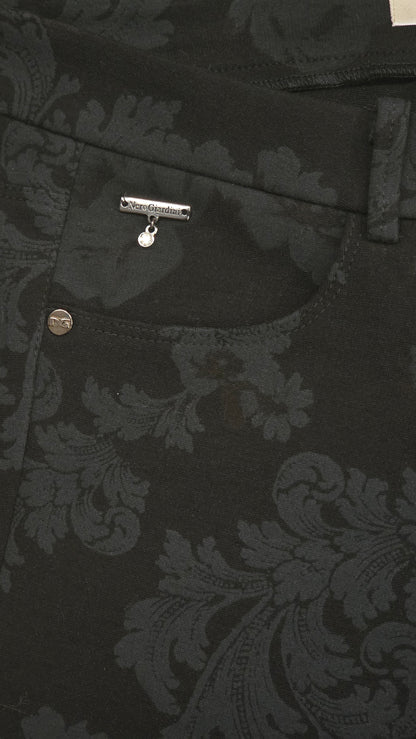 Pantaloni damascato da donna, elasticizzati, Nero Giardini, Nero, Bottone Gioiello