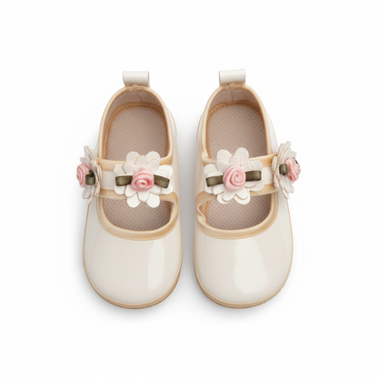 Ballerine Bambina Tessuto Vernice Bianco Panna, Beige, Fiori, 19