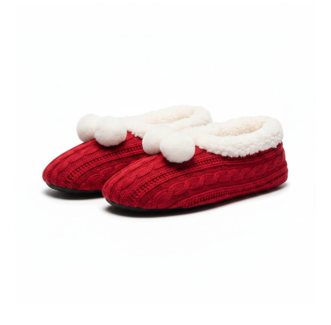 Pantofole lana rossa con foderna sherpa bianca pompom Gladys Home, 40/41