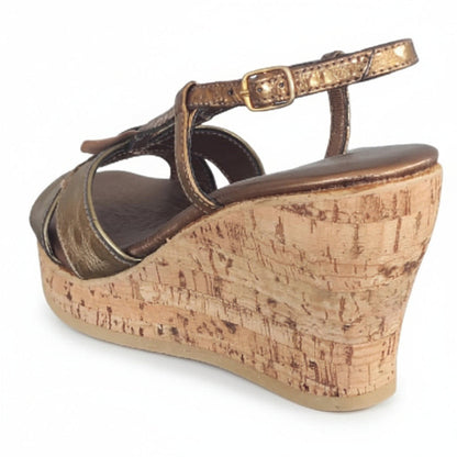 Sandali con zeppa, donna, Rosetta, leggera, Vera Pelle Bronzo, Zeppa Sughero Glitter
