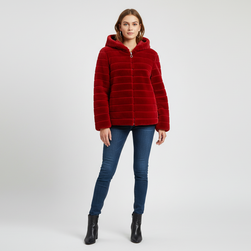 Pelliccia Ecologica Rossa da Donna Taglia Unica, Zip, Natale