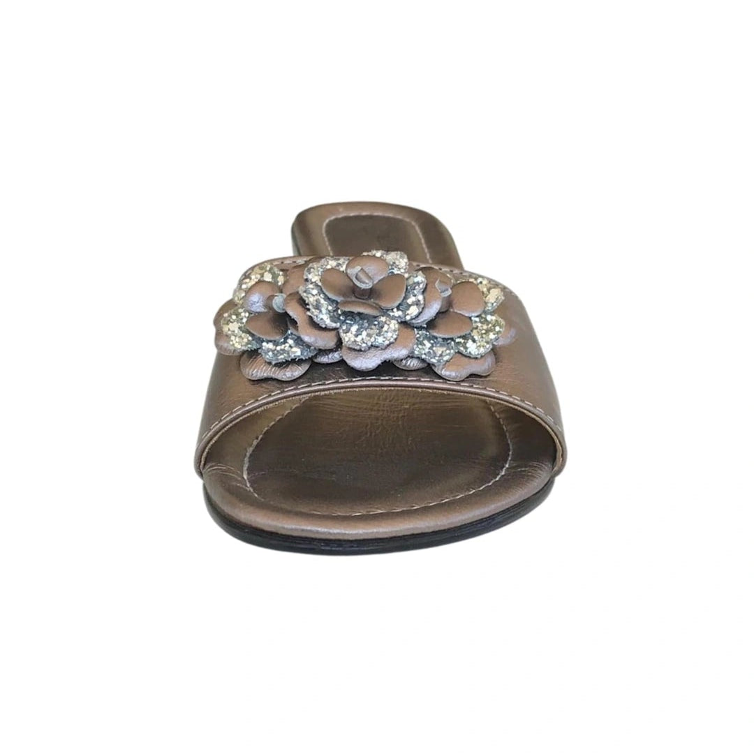 Ciabatte Eleganti Cinzia Soft Donna Bronzo Vera Pelle con fiori 3D glitter Argento