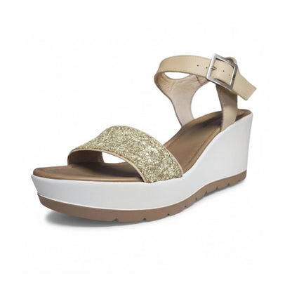 Sandali Donna, Nero Giardini, Vera Pelle, Glitter Platino, Zeppa Bianca, P717710D