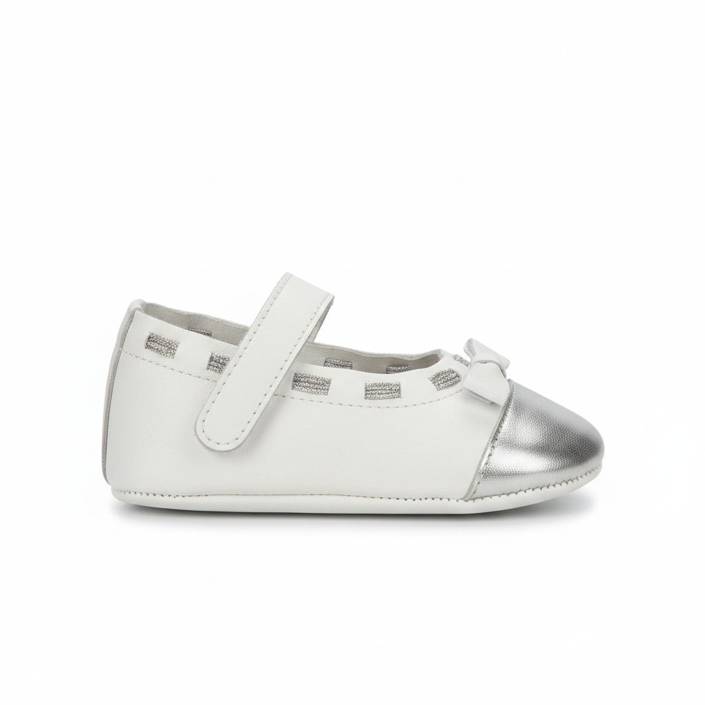 Ballerine Bambina Chicco Pelle Bianco Argento Fiocco Strappo, 18