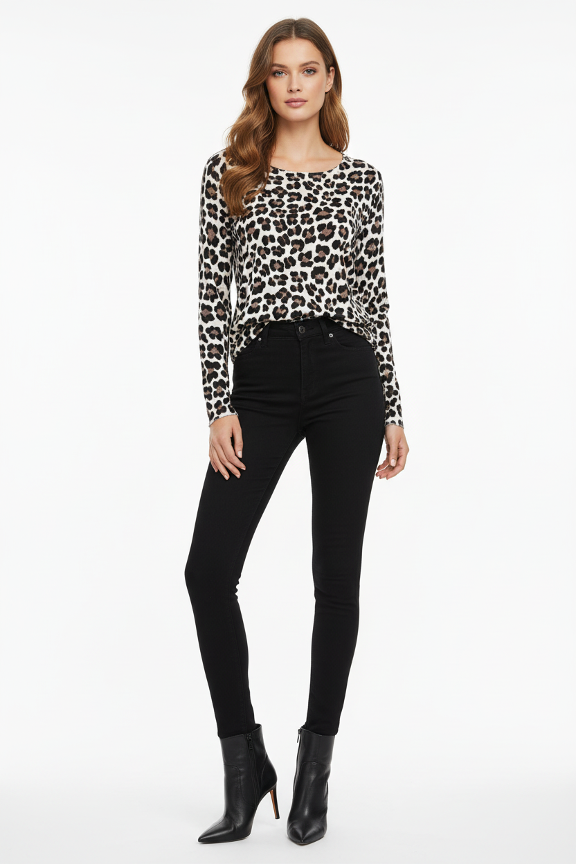 Maglia Donna Leopardata FLORA, Maniche Lunghe, Motivo Animalier, Bianco - TAGLIA UNICA