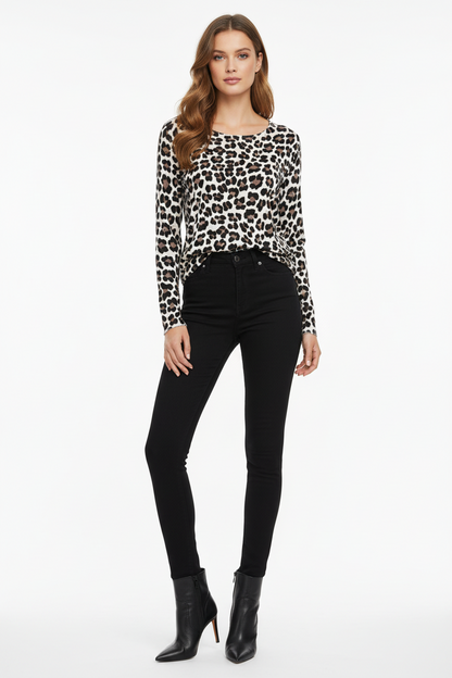 Maglia Donna Leopardata FLORA, Maniche Lunghe, Motivo Animalier, Bianco - TAGLIA UNICA