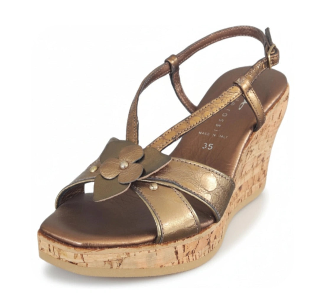 Sandali con zeppa, donna, Rosetta, leggera, Vera Pelle Bronzo, Zeppa Sughero Glitter