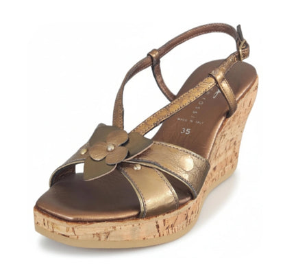 Sandali con zeppa, donna, Rosetta, leggera, Vera Pelle Bronzo, Zeppa Sughero Glitter