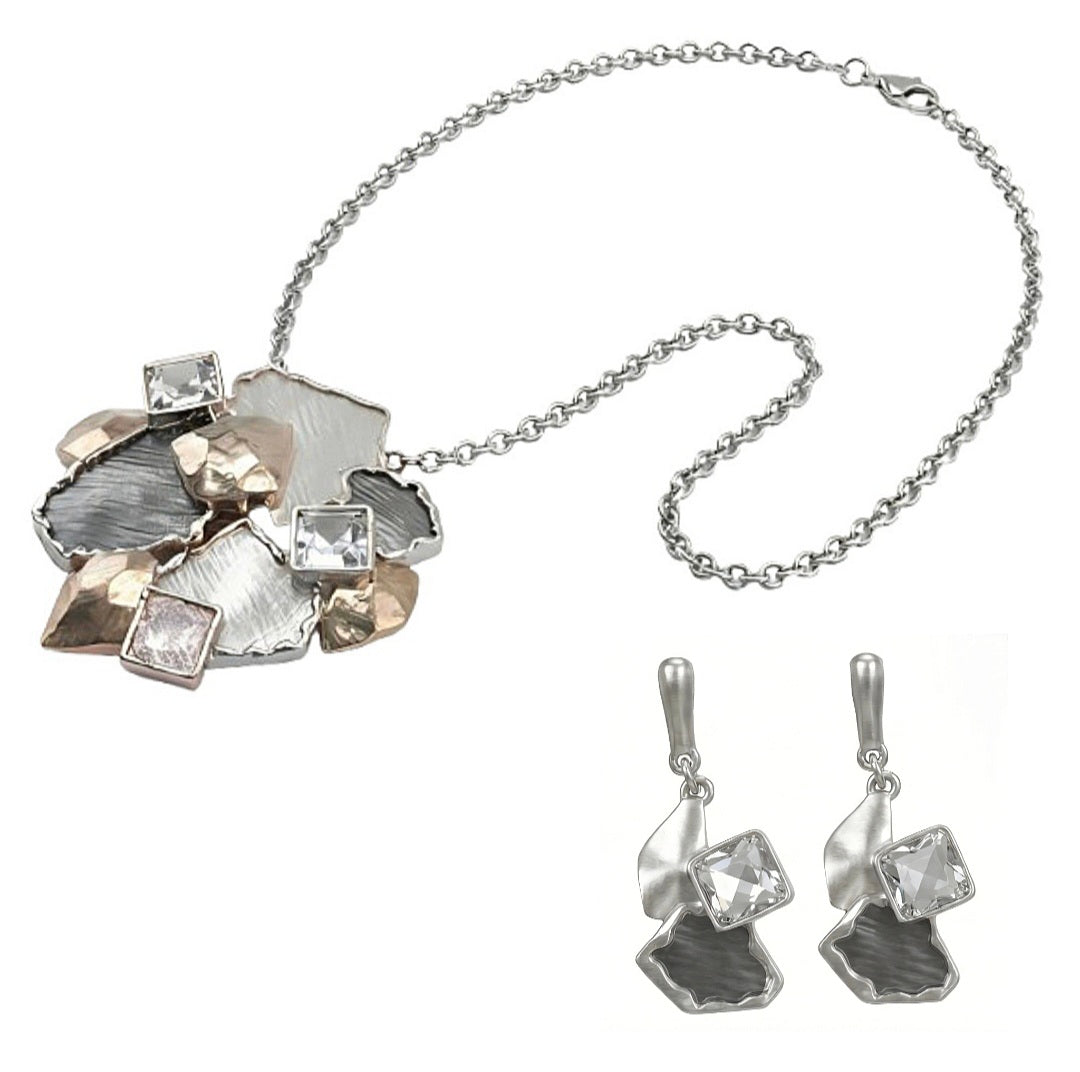 Set Coordinato collana e orecchini Donna Argento e Oro Rosa con Brillanti incastonati