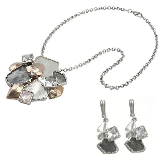 Set Coordinato collana e orecchini Donna Argento e Oro Rosa con Brillanti incastonati