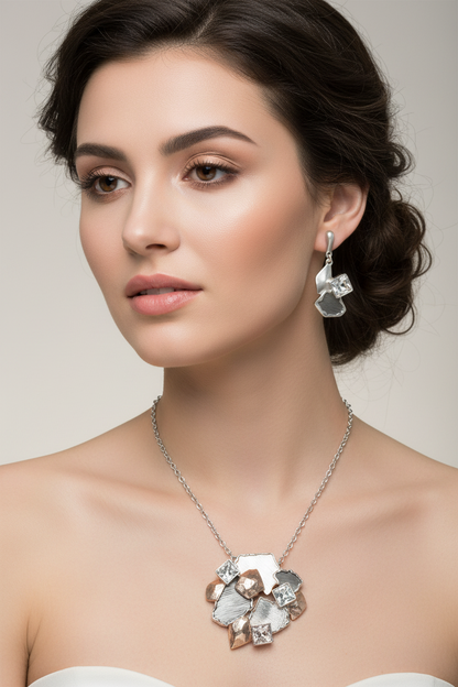 Set Coordinato collana e orecchini Donna Argento e Oro Rosa con Brillanti incastonati