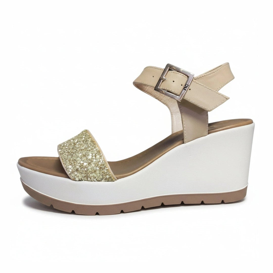 Sandali Donna, Nero Giardini, Vera Pelle, Glitter Platino, Zeppa Bianca, P717710D
