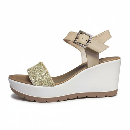 Sandali Donna, Nero Giardini, Vera Pelle, Glitter Platino, Zeppa Bianca, P717710D