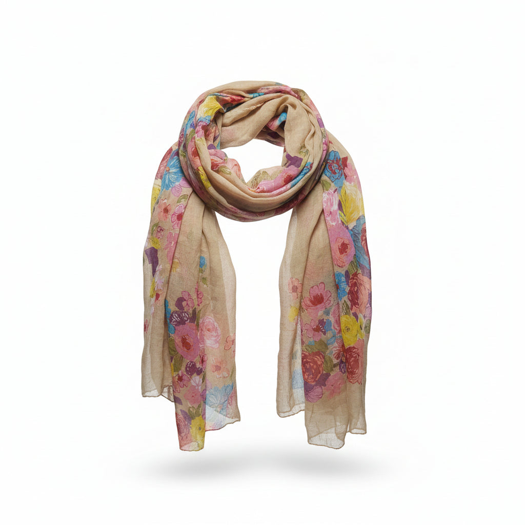 Foulard Sciarpa Leggera Beige, Cotone, con Motivo Floreale Colorato