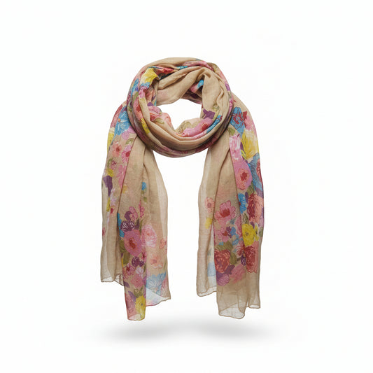 Foulard Sciarpa Leggera Beige, Cotone, con Motivo Floreale Colorato