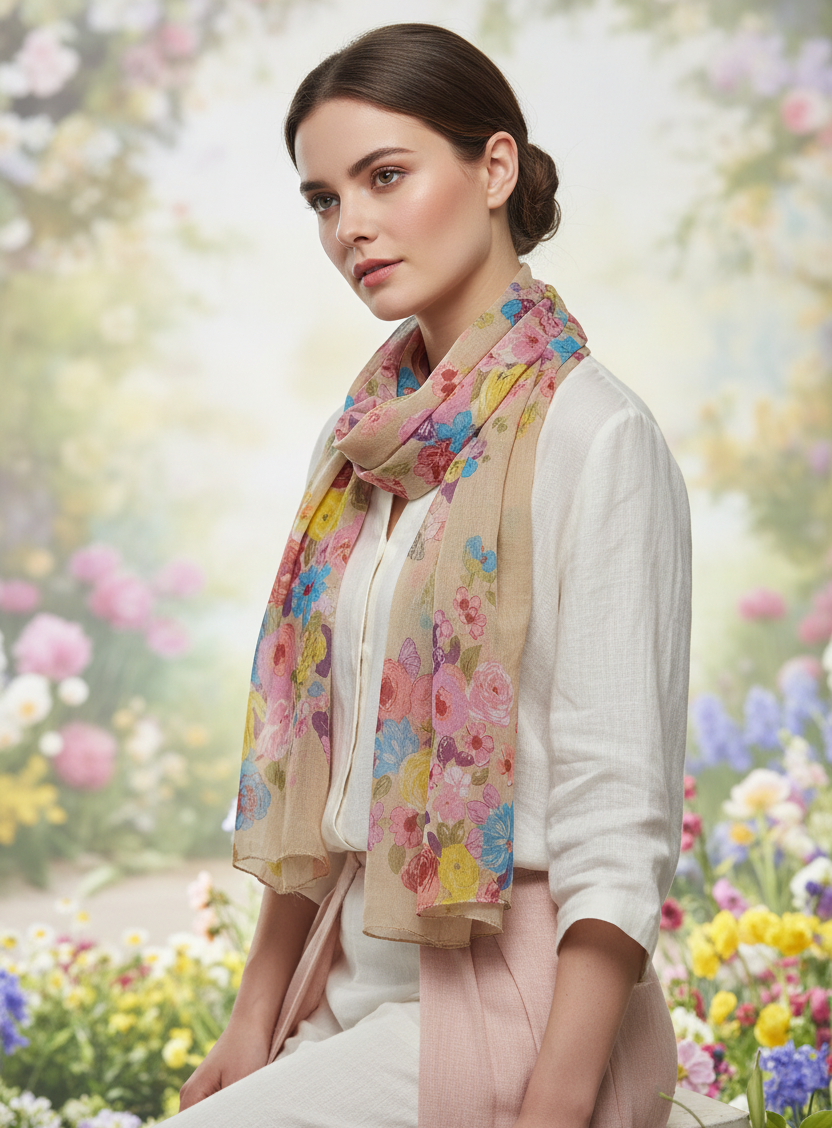 Foulard Sciarpa Leggera Beige, Cotone, con Motivo Floreale Colorato