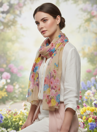Foulard Sciarpa Leggera Beige, Cotone, con Motivo Floreale Colorato
