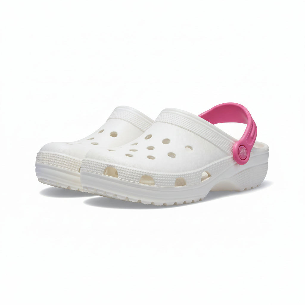 Ciabatte forate, stile Crocs, De@de, in gomma, Bianco e Fucsia