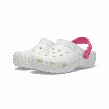 Ciabatte forate, stile Crocs, De@de, in gomma, Bianco e Fucsia