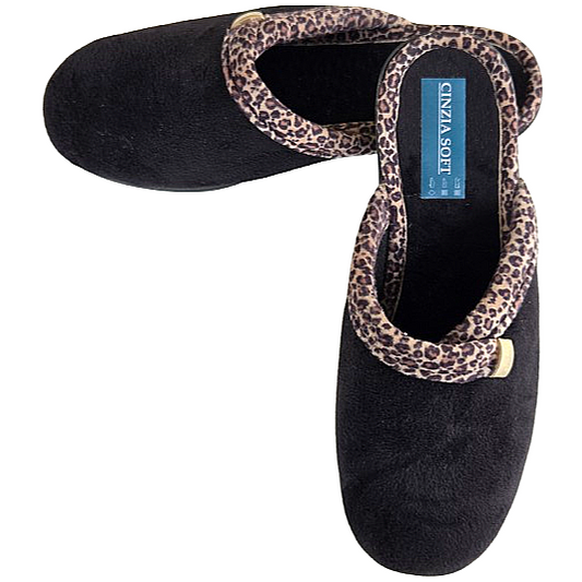 Cinzia Soft, IEA3506, Ciabatte Pantofole Donna in Velour Nero con Bordo Leopardato, Comfort