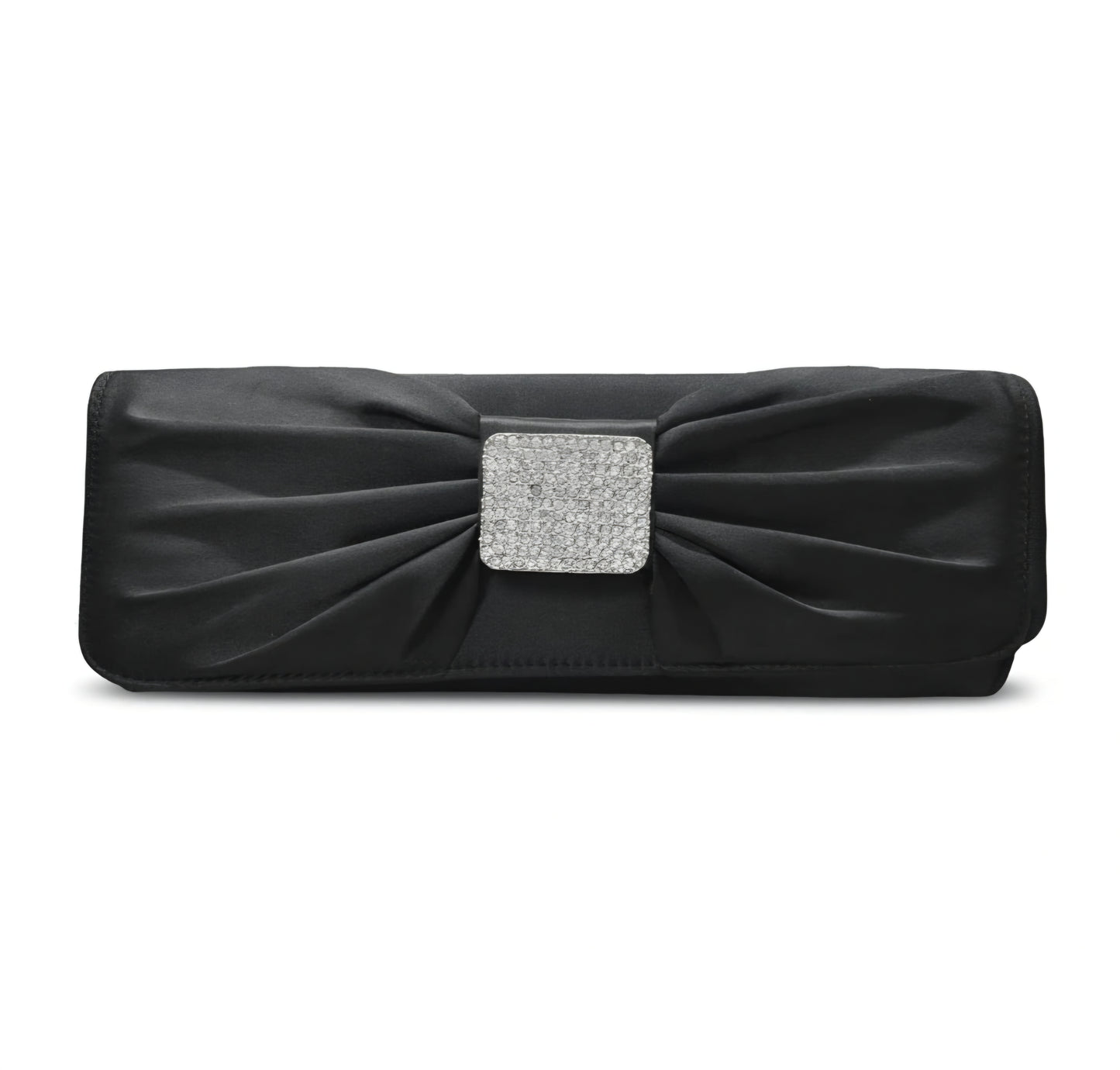 Pochette da sera elegante, Raso Nero, con Fiocco drappeggiato, Decorazione Strass, Clutch Cerimonia