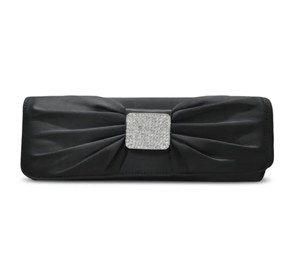 Pochette da sera elegante, Raso Nero, con Fiocco drappeggiato, Decorazione Strass, Clutch Cerimonia