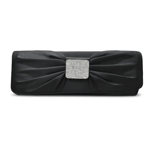 Pochette da sera elegante, Raso Nero, con Fiocco drappeggiato, Decorazione Strass, Clutch Cerimonia