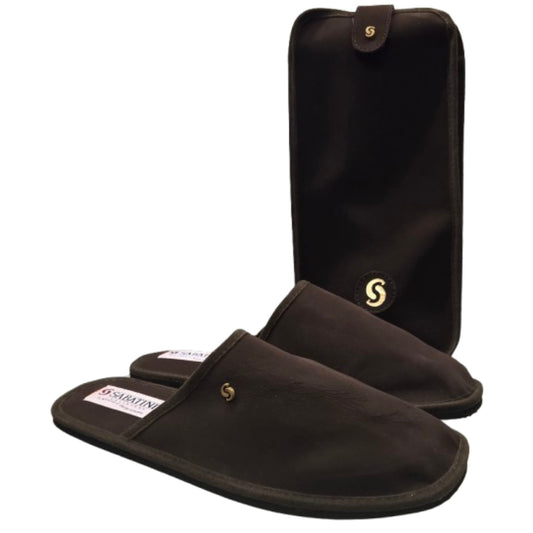 Ciabatte portatili da Viaggio in Vera Pelle Renna, Testa di Moro, con Custodia SABATINI