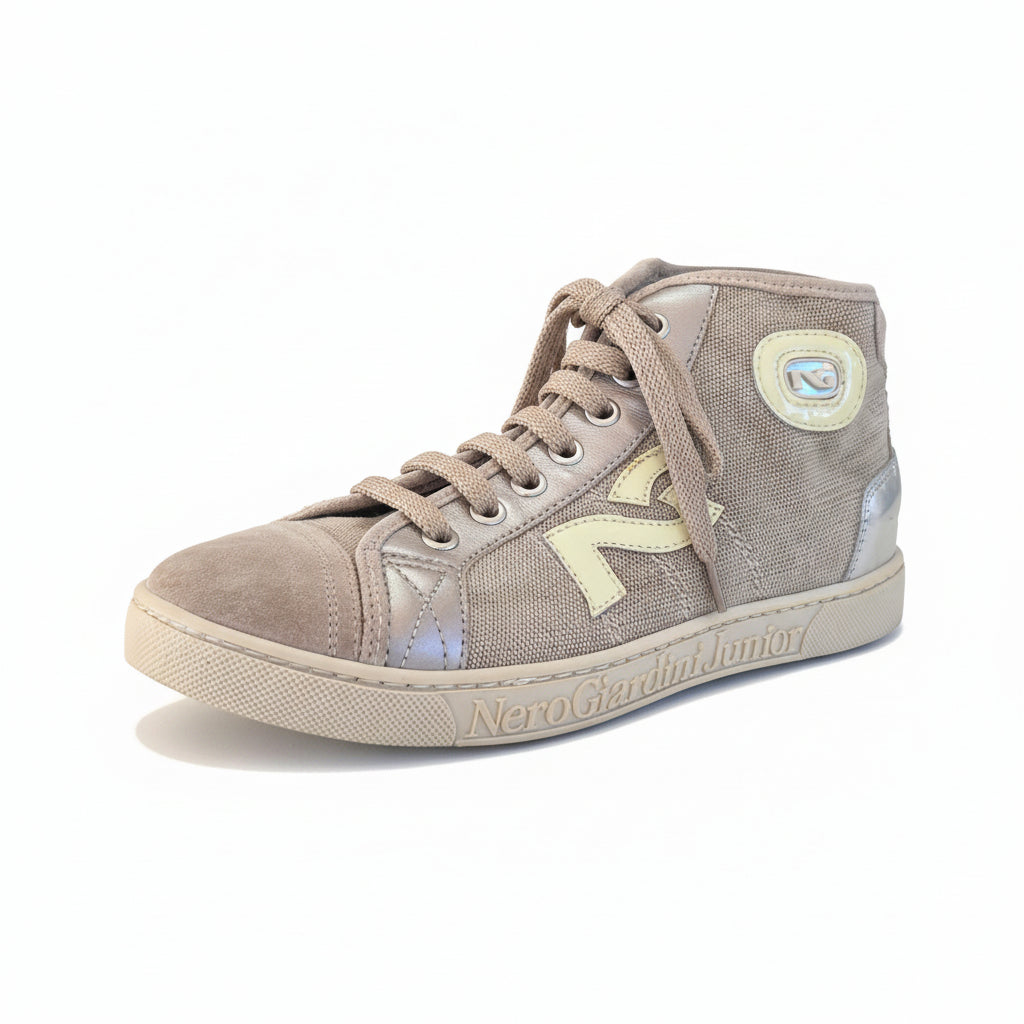 Sneakers Bambini Nero Giardini Sabbia Vera Pelle Tela Beige