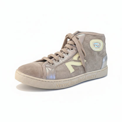 Sneakers Bambini Nero Giardini Sabbia Vera Pelle Tela Beige
